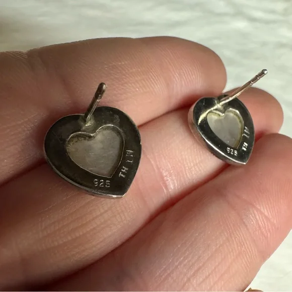 Sterling Silver Vintage Mother of Pearl Marcasite Heart Post Earrings - Picture 3 of 3
